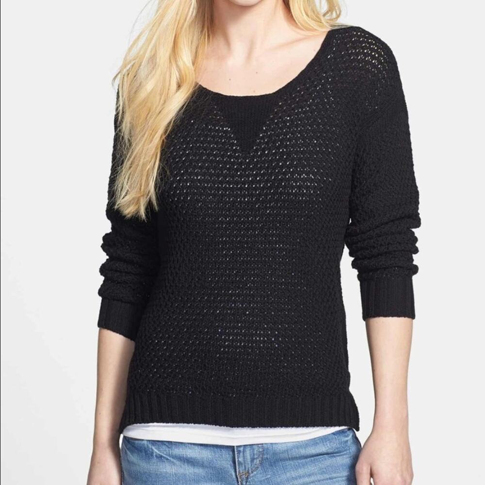 VINCE CAMUTO Black Textured Open Knit Long Sleeve Scoop Neck Sweater Top XS - Picture 4 of 6